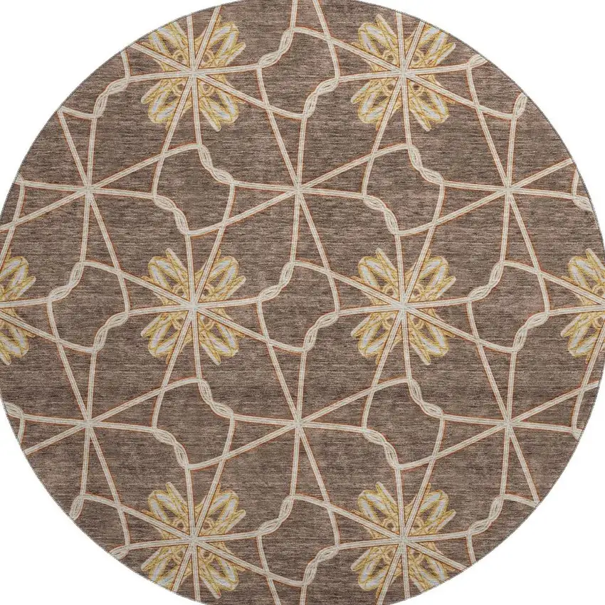 8' Brown Gold And Gray Geometric Washable Round Rug With UV Protection Photo 3