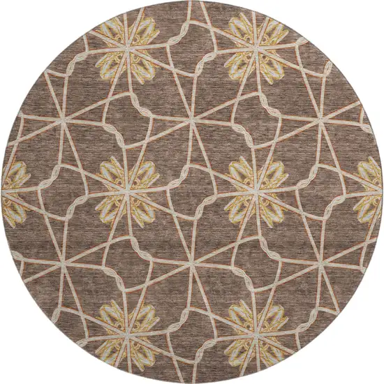 8' Brown Gold And Gray Geometric Washable Round Rug With UV Protection Photo 1