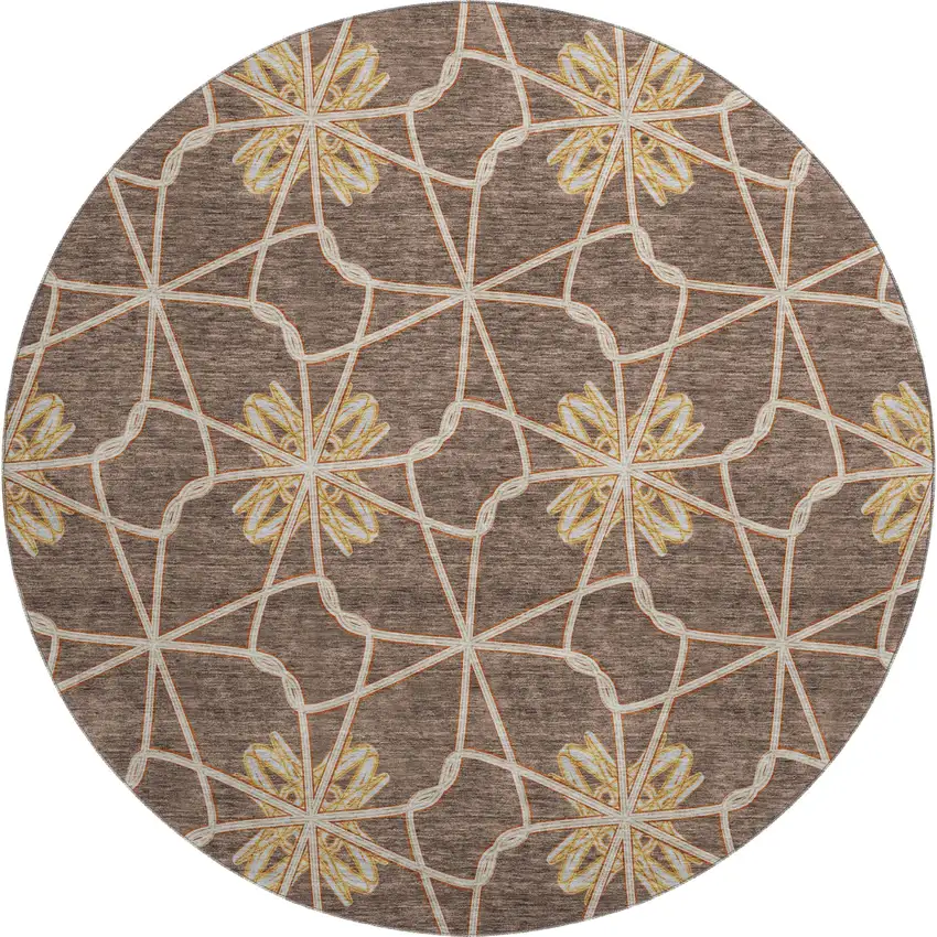 8' Brown Gold And Gray Geometric Washable Round Rug With UV Protection Photo 1