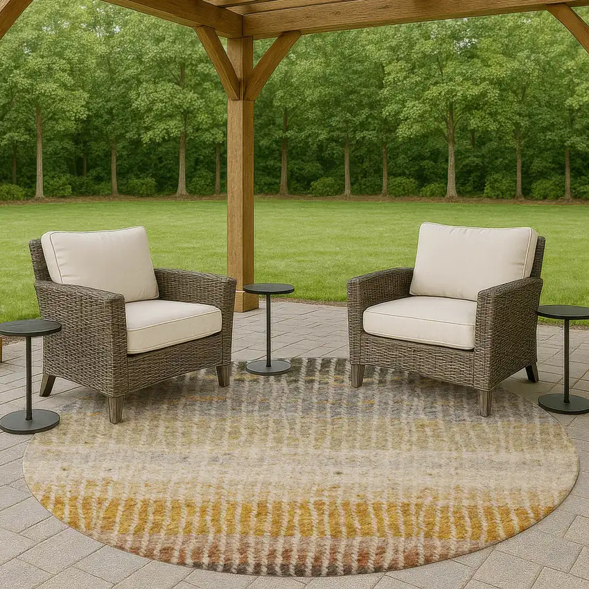 8' Brown Gold And Gray Round Striped Washable Indoor Outdoor Area Rug Photo 8