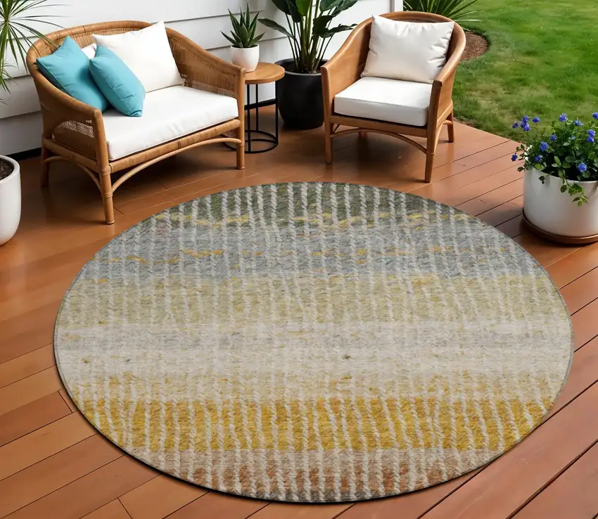 8' Brown Gold And Gray Round Striped Washable Indoor Outdoor Area Rug Photo 1
