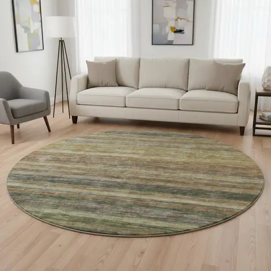 8' Brown Gold And Gray Striped Washable Round Rug With UV Protection Photo 2