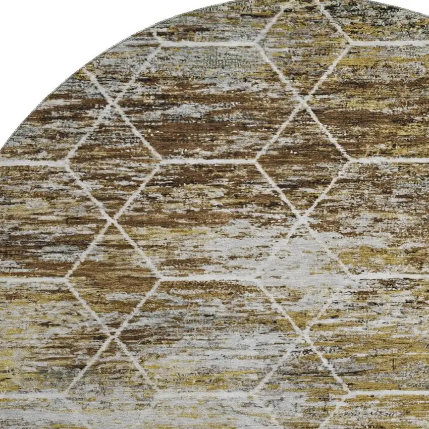8' Brown Gold And Ivory Geometric Washable Round Rug With UV Protection Photo 2