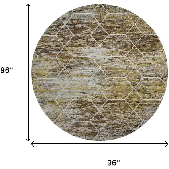 8' Brown Gold And Ivory Geometric Washable Round Rug With UV Protection Photo 9