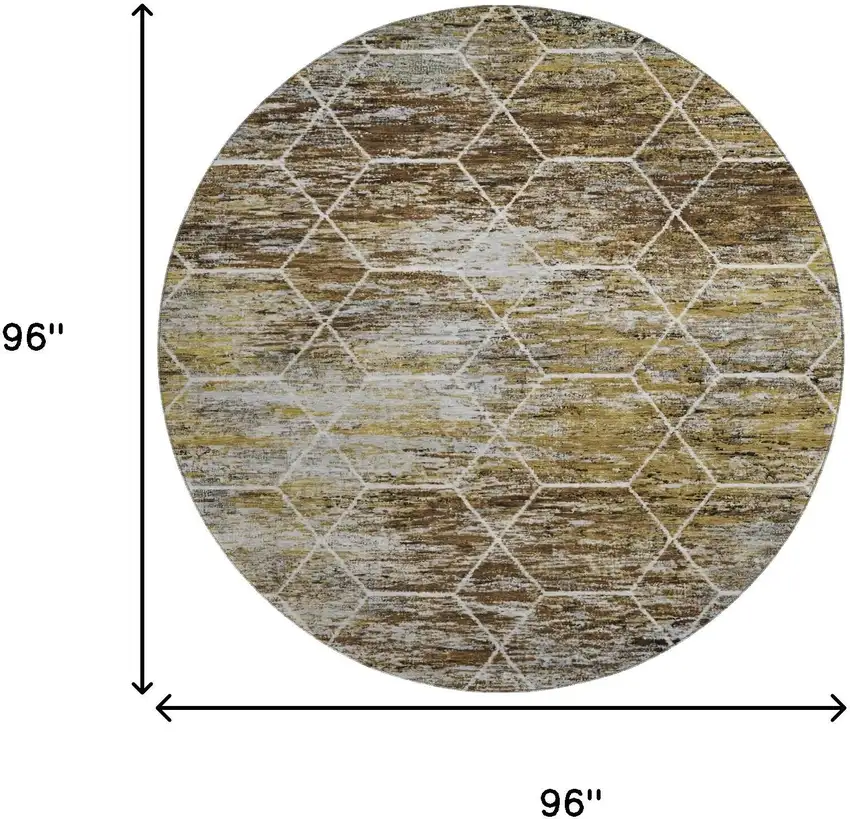 8' Brown Gold And Ivory Geometric Washable Round Rug With UV Protection Photo 9