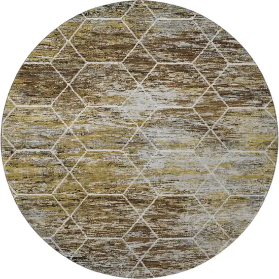 8' Brown Gold And Ivory Geometric Washable Round Rug With UV Protection Photo 3