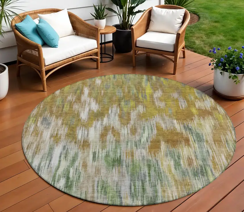8' Brown Gold And Ivory Round Abstract Washable Indoor Outdoor Area Rug Photo 2