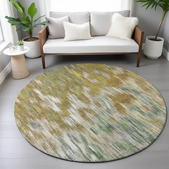 8' Brown Gold And Ivory Round Abstract Washable Indoor Outdoor Area Rug Photo 7