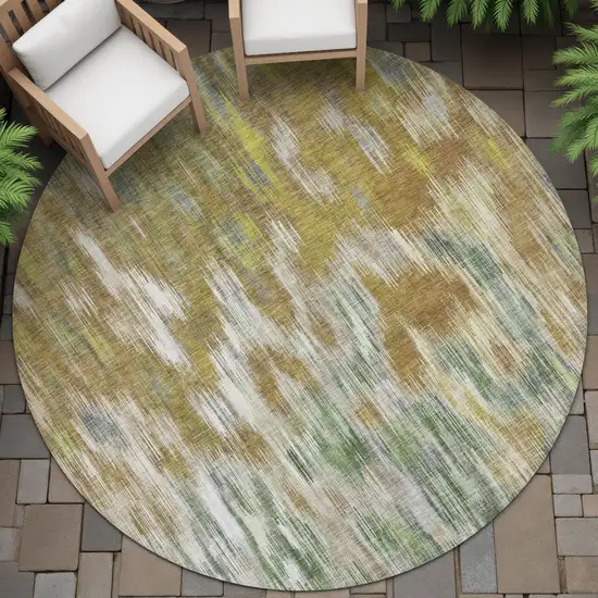 8' Brown Gold And Ivory Round Abstract Washable Indoor Outdoor Area Rug Photo 6