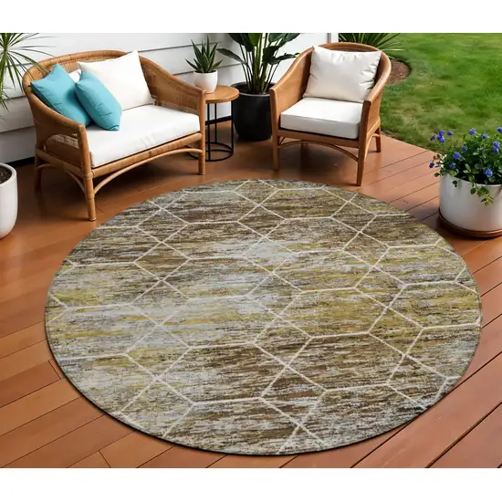 8' Brown Gold And Ivory Round Geometric Washable Indoor Outdoor Area Rug Photo 2