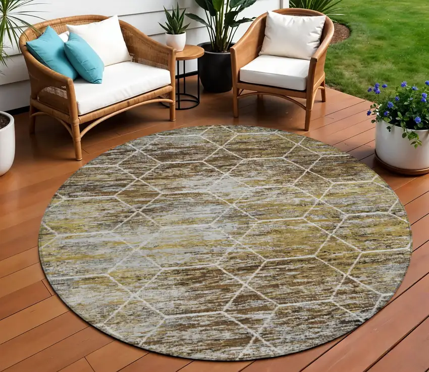 8' Brown Gold And Ivory Round Geometric Washable Indoor Outdoor Area Rug Photo 2