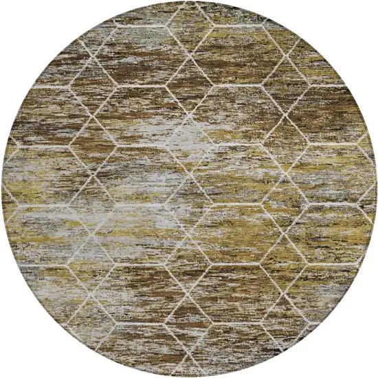 8' Brown Gold And Ivory Round Geometric Washable Indoor Outdoor Area Rug Photo 1