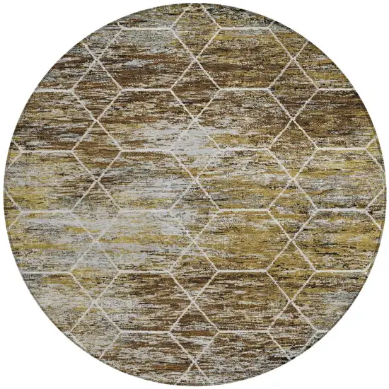 8' Brown Gold And Ivory Round Geometric Washable Indoor Outdoor Area Rug Photo 3