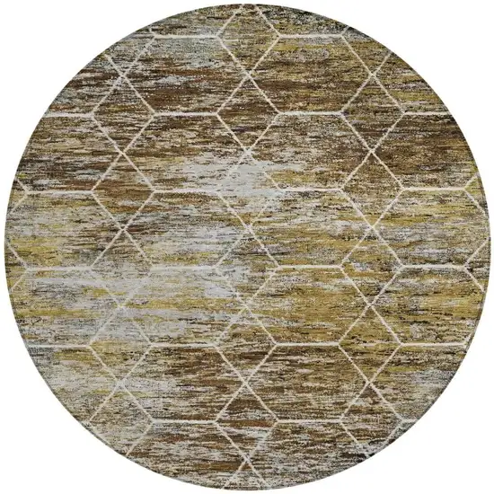 8' Brown Gold And Ivory Round Geometric Washable Indoor Outdoor Area Rug Photo 4