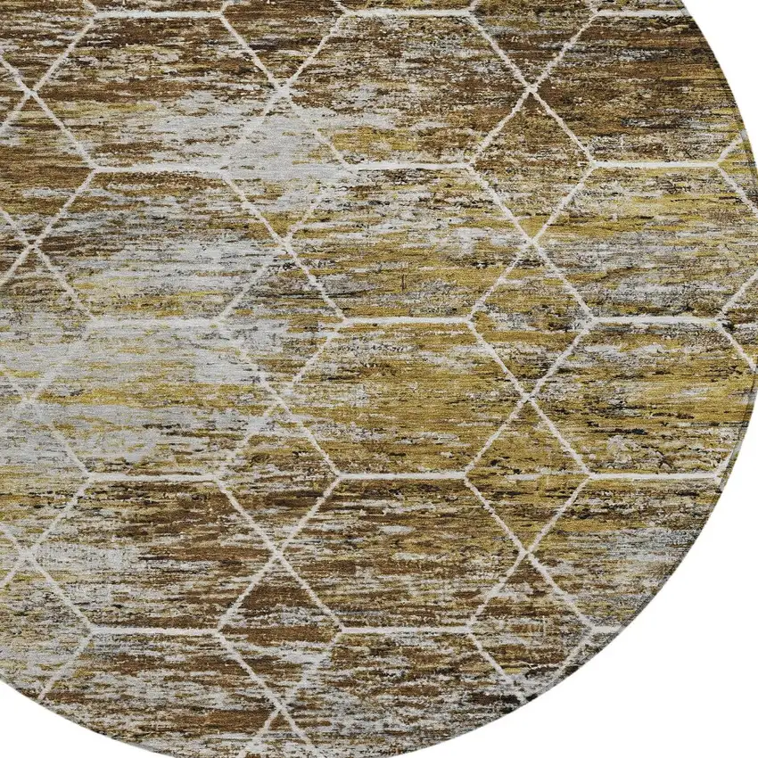 8' Brown Gold And Ivory Round Geometric Washable Indoor Outdoor Area Rug Photo 8
