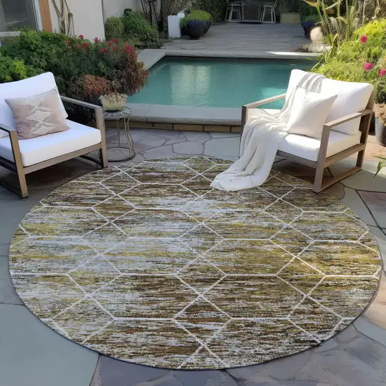 8' Brown Gold And Ivory Round Geometric Washable Indoor Outdoor Area Rug Photo 5
