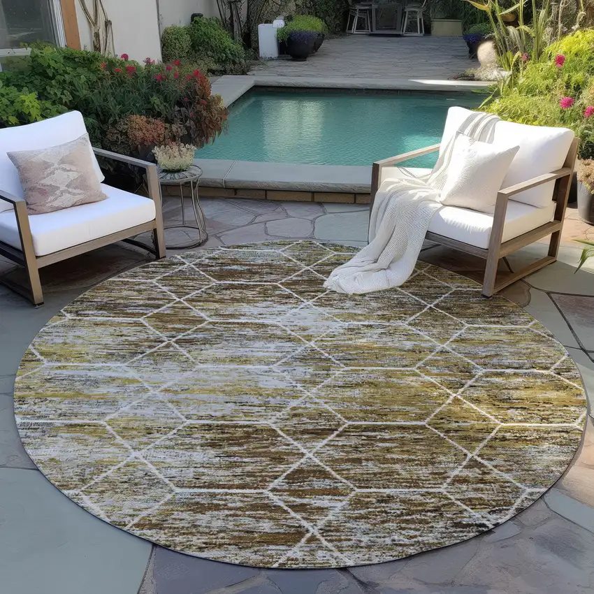 8' Brown Gold And Ivory Round Geometric Washable Indoor Outdoor Area Rug Photo 5