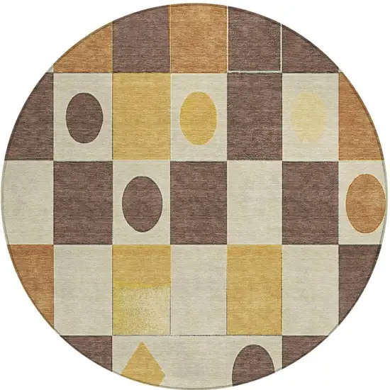 8' Brown Gold And Ivory Round Geometric Washable Indoor Outdoor Area Rug Photo 3