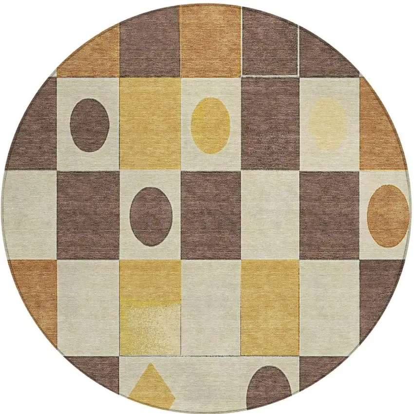 8' Brown Gold And Ivory Round Geometric Washable Indoor Outdoor Area Rug Photo 3