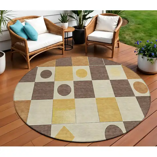 8' Brown Gold And Ivory Round Geometric Washable Indoor Outdoor Area Rug Photo 2