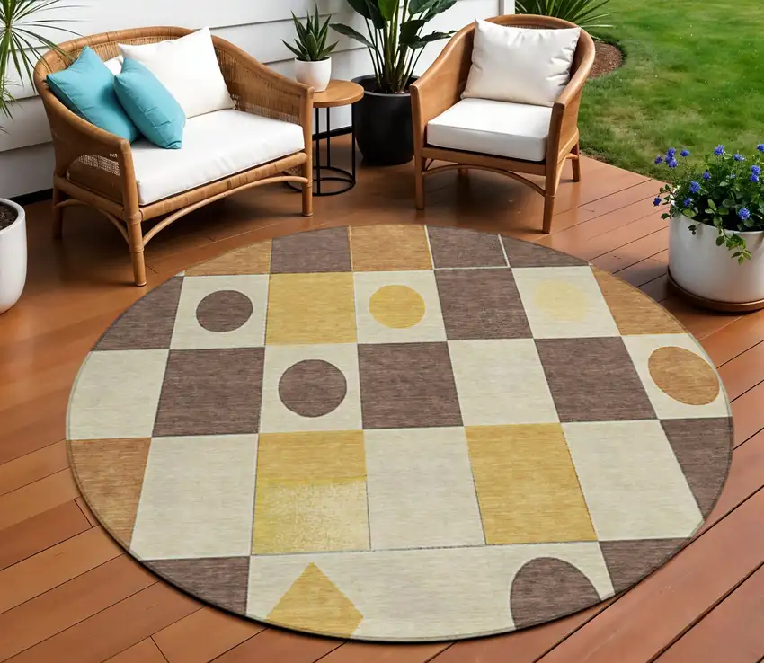 8' Brown Gold And Ivory Round Geometric Washable Indoor Outdoor Area Rug Photo 2