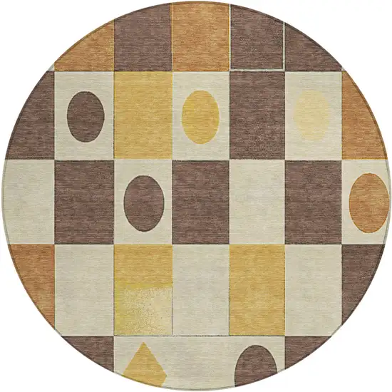 8' Brown Gold And Ivory Round Geometric Washable Indoor Outdoor Area Rug Photo 1