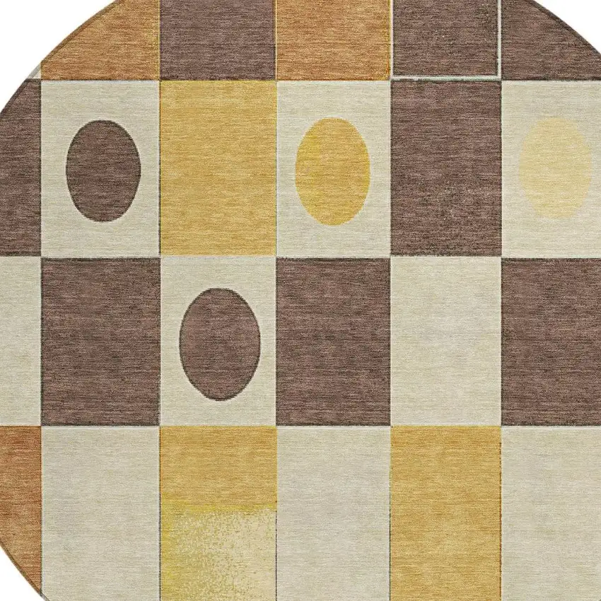 8' Brown Gold And Ivory Round Geometric Washable Indoor Outdoor Area Rug Photo 5
