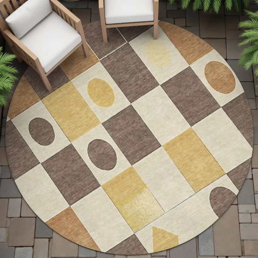 8' Brown Gold And Ivory Round Geometric Washable Indoor Outdoor Area Rug Photo 9