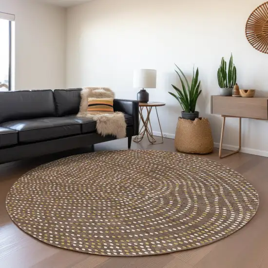 8' Brown Gold And Ivory Round Polka Dot Washable Indoor Outdoor Area Rug Photo 8
