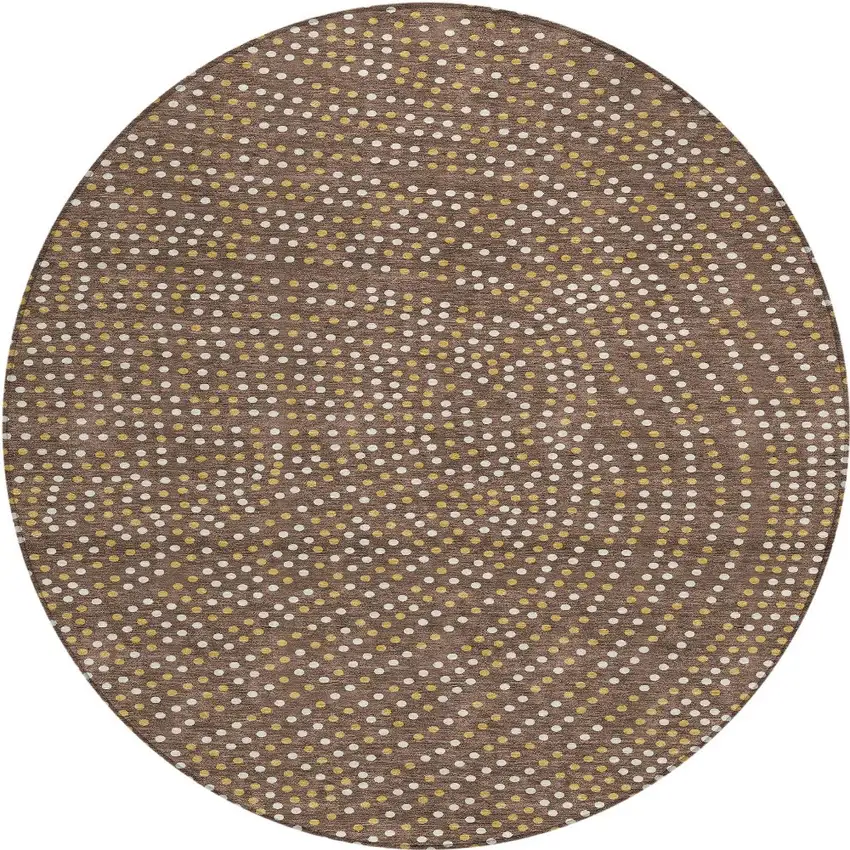 8' Brown Gold And Ivory Round Polka Dot Washable Indoor Outdoor Area Rug Photo 5