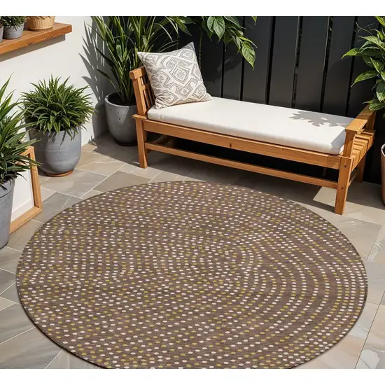 8' Brown Gold And Ivory Round Polka Dot Washable Indoor Outdoor Area Rug Photo 1