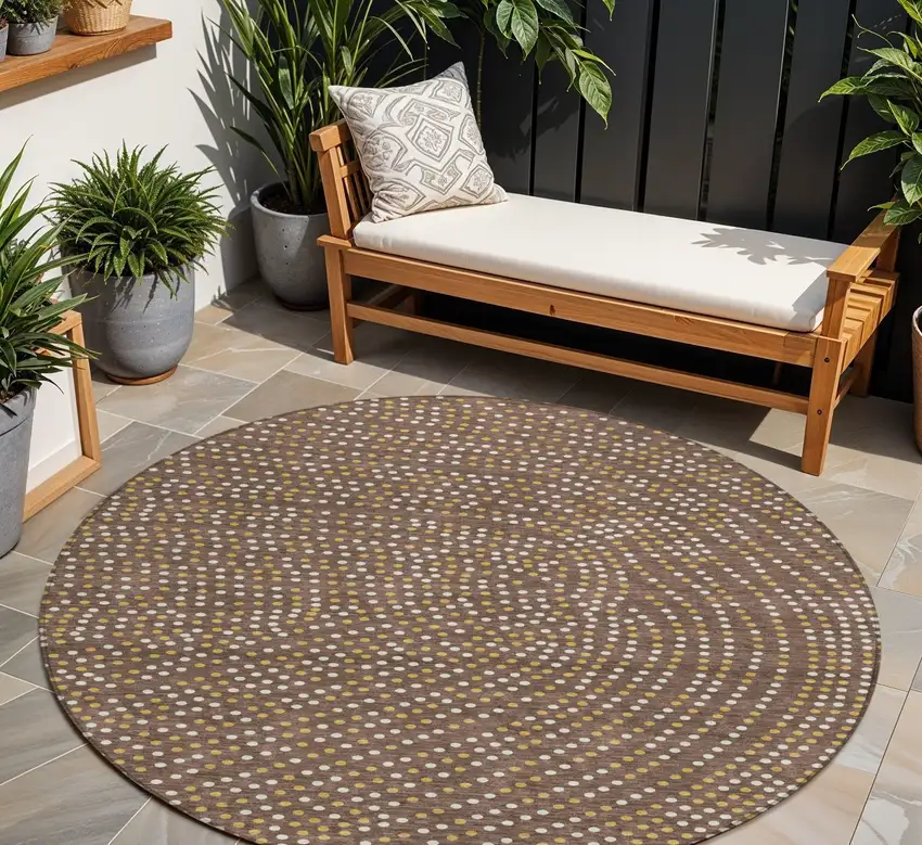 8' Brown Gold And Ivory Round Polka Dot Washable Indoor Outdoor Area Rug Photo 1