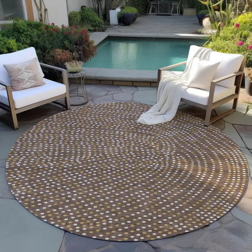 8' Brown Gold And Ivory Round Polka Dot Washable Indoor Outdoor Area Rug Photo 7