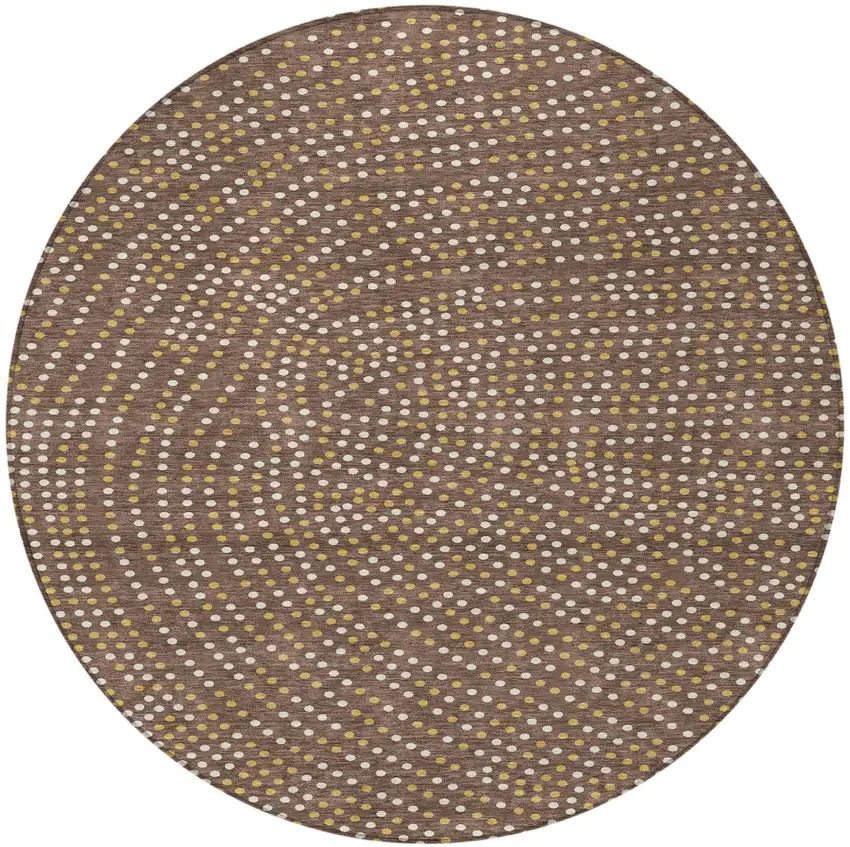 8' Brown Gold And Ivory Round Polka Dot Washable Indoor Outdoor Area Rug Photo 6