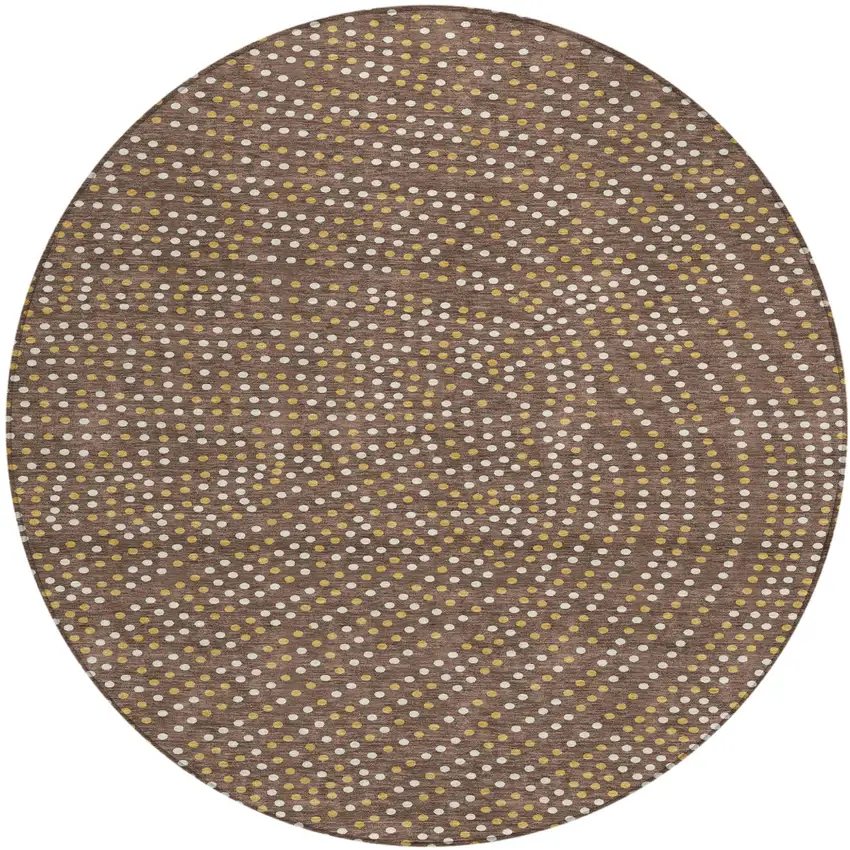 8' Brown Gold And Ivory Round Polka Dot Washable Indoor Outdoor Area Rug Photo 2