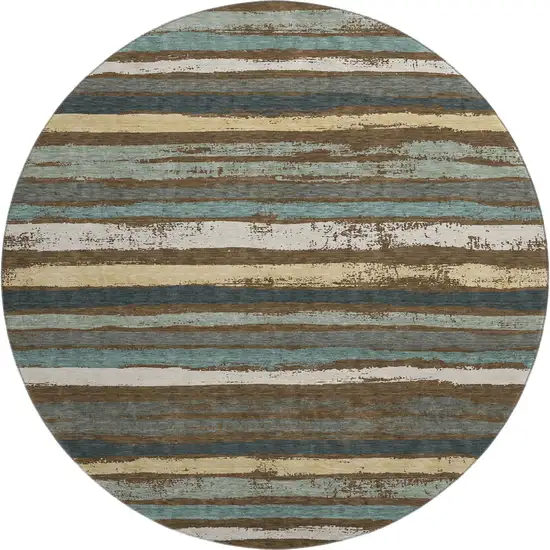 8' Brown Gold And Ivory Striped Washable Round Rug With UV Protection Photo 1