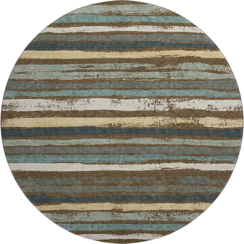 8' Brown Gold And Ivory Striped Washable Round Rug With UV Protection Photo 1