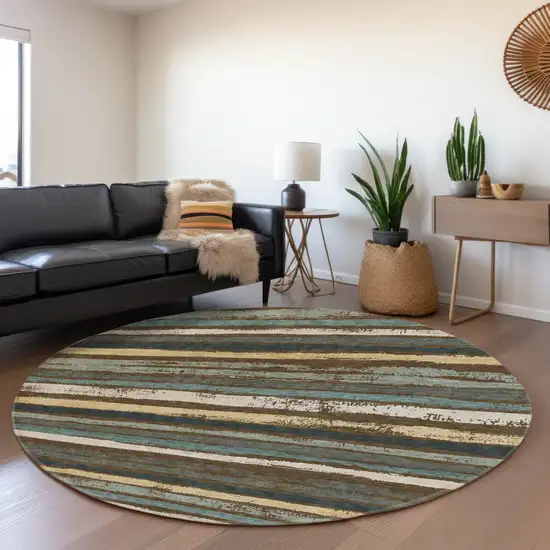 8' Brown Gold And Ivory Striped Washable Round Rug With UV Protection Photo 4