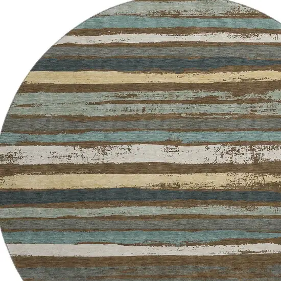 8' Brown Gold And Ivory Striped Washable Round Rug With UV Protection Photo 2