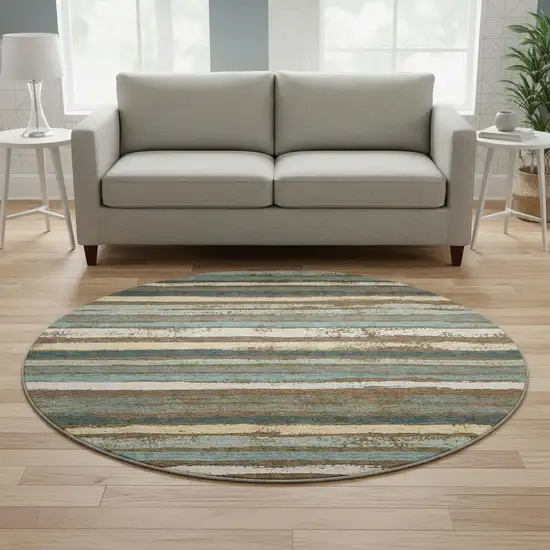 8' Brown Gold And Ivory Striped Washable Round Rug With UV Protection Photo 2