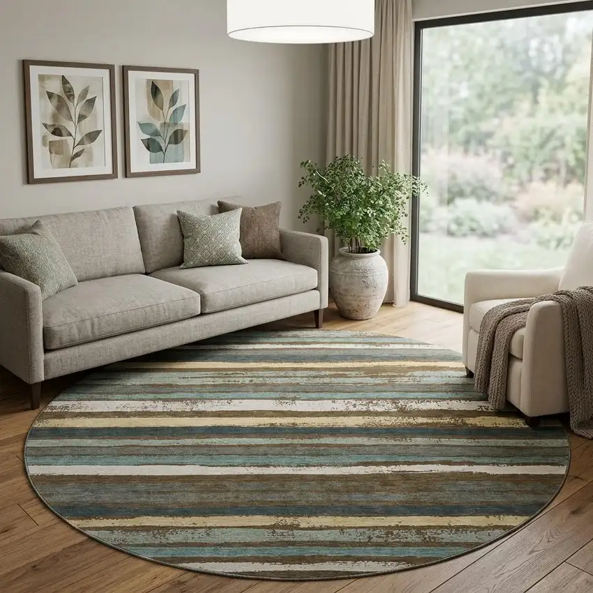 8' Brown Gold And Ivory Striped Washable Round Rug With UV Protection Photo 1