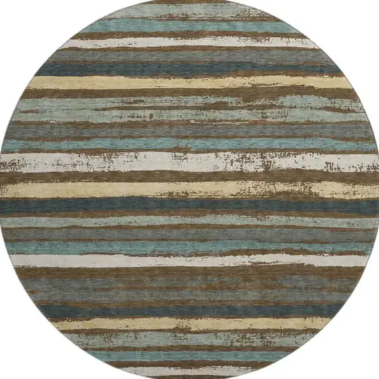 8' Brown Gold And Ivory Striped Washable Round Rug With UV Protection Photo 3