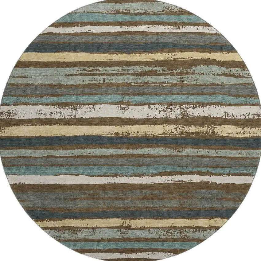 8' Brown Gold And Ivory Striped Washable Round Rug With UV Protection Photo 3
