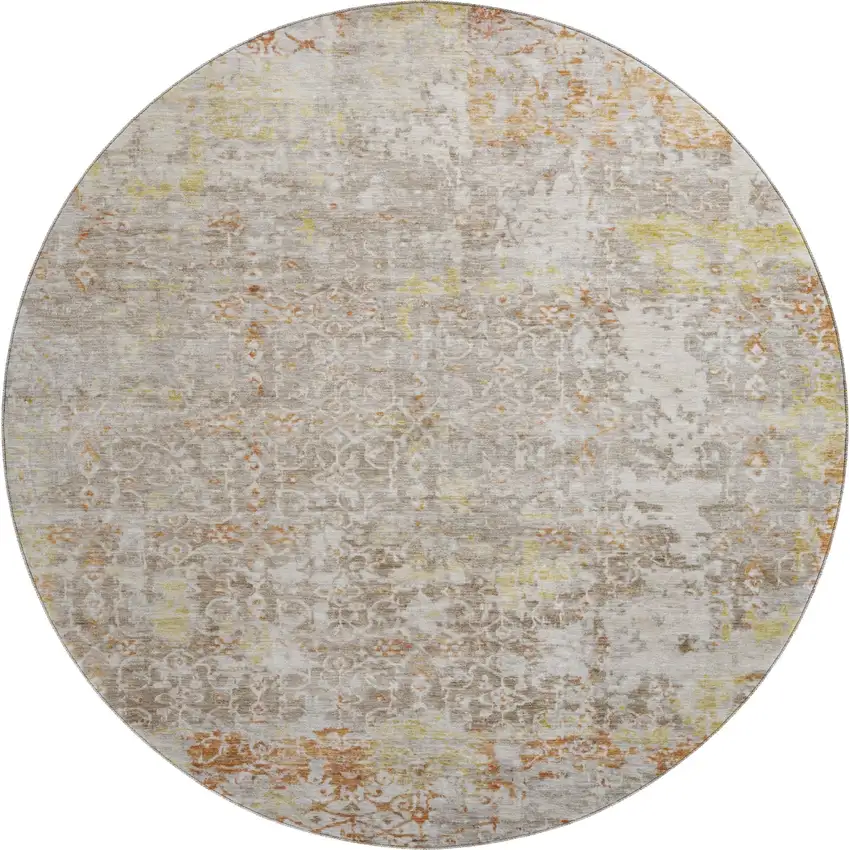 8' Brown Gold And Orange Oriental Washable Round Rug With UV Protection Photo 1