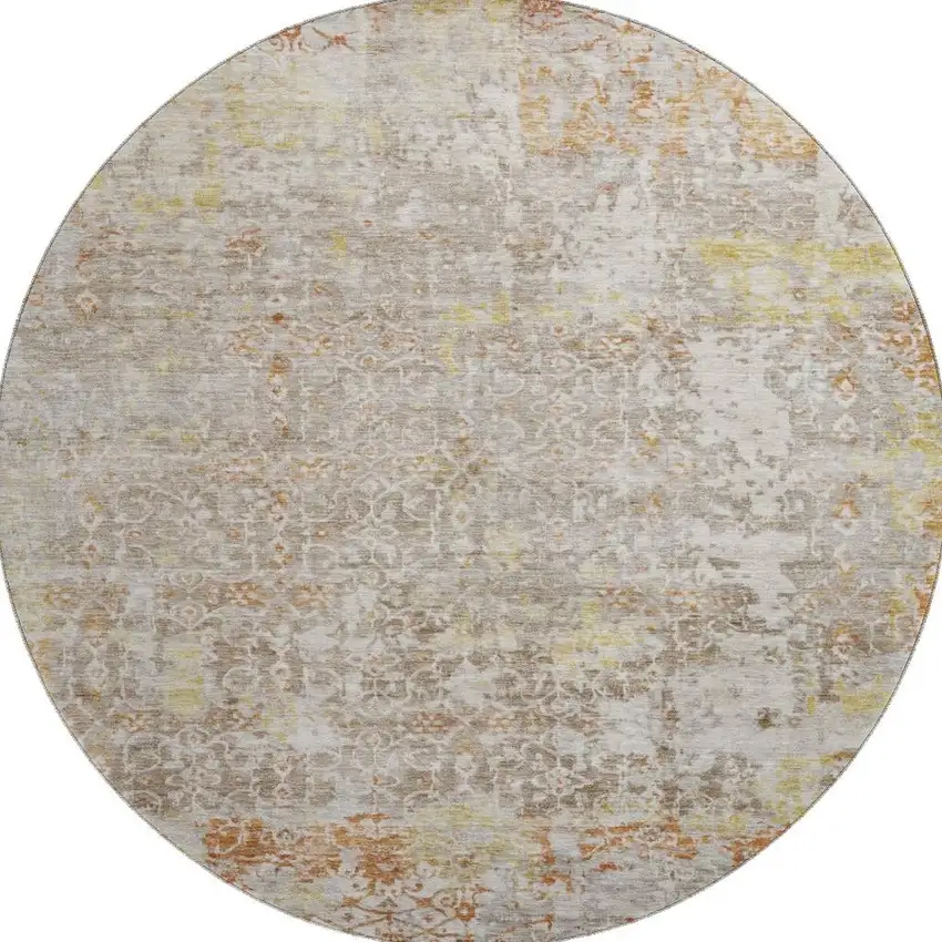 8' Brown Gold And Orange Oriental Washable Round Rug With UV Protection Photo 3