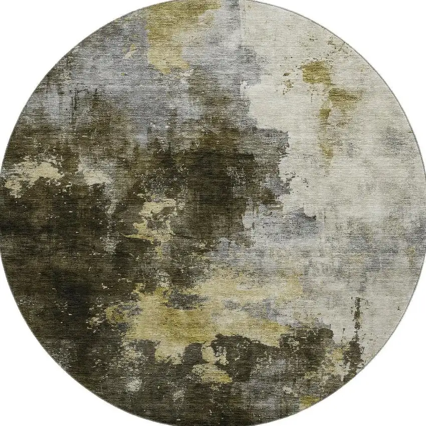 8' Brown Gold And Silver Abstract Washable Round Rug With UV Protection Photo 3