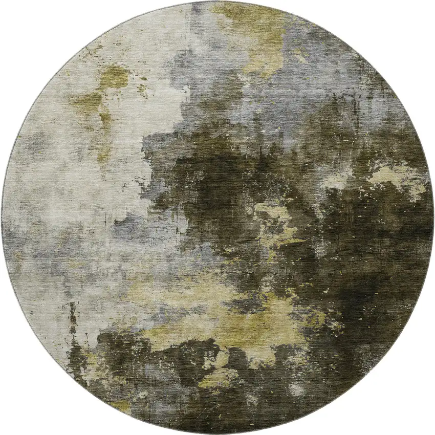 8' Brown Gold And Silver Abstract Washable Round Rug With UV Protection Photo 3