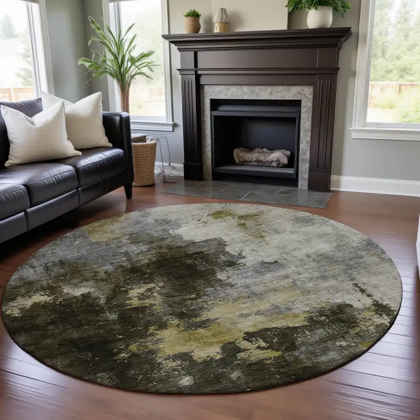 8' Brown Gold And Silver Abstract Washable Round Rug With UV Protection Photo 4