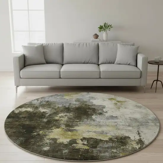 8' Brown Gold And Silver Abstract Washable Round Rug With UV Protection Photo 2