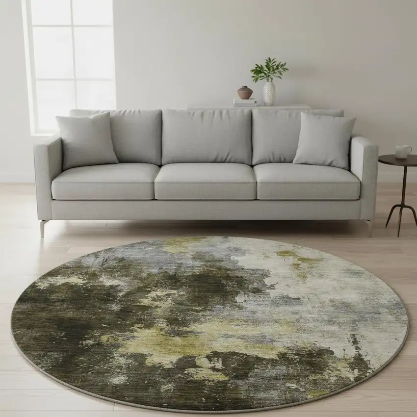 8' Brown Gold And Silver Abstract Washable Round Rug With UV Protection Photo 2